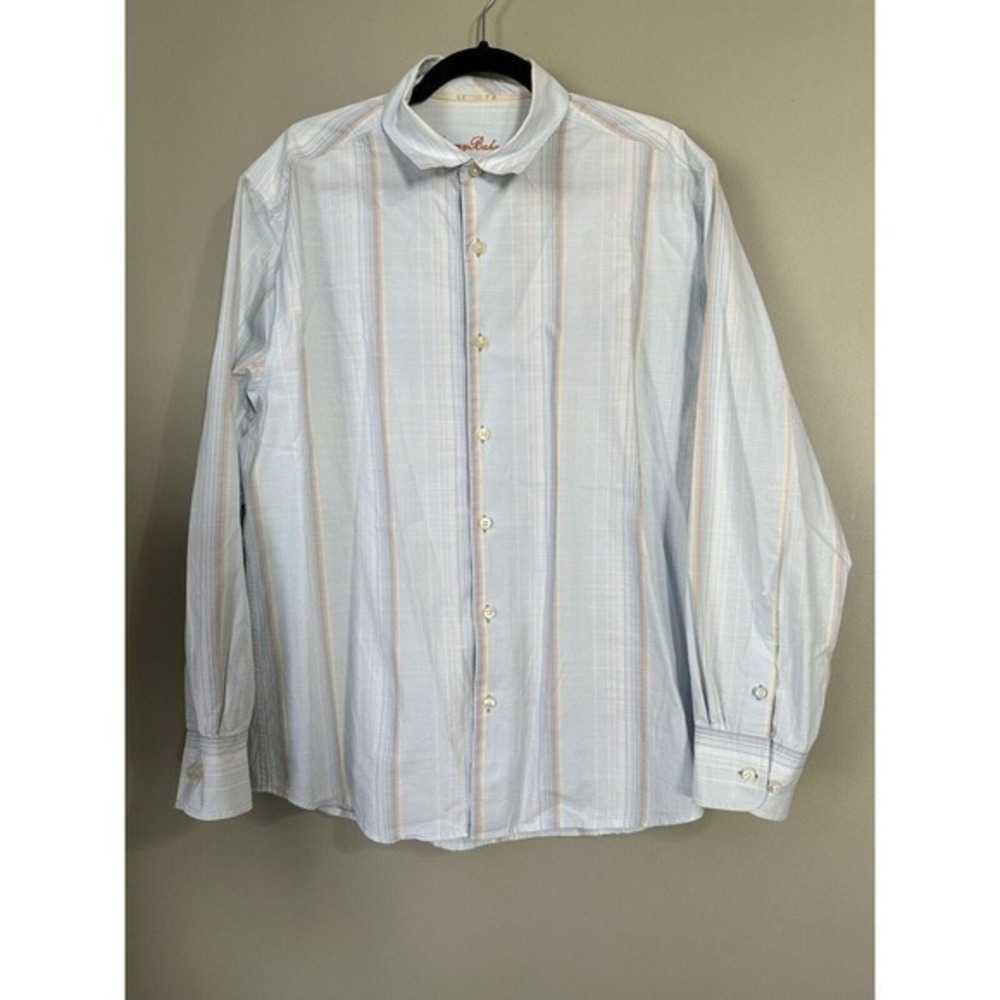 Tommy‎ Bahama blue Stripe Button Collar Cotton Dress Shirt size large ***FLAW***